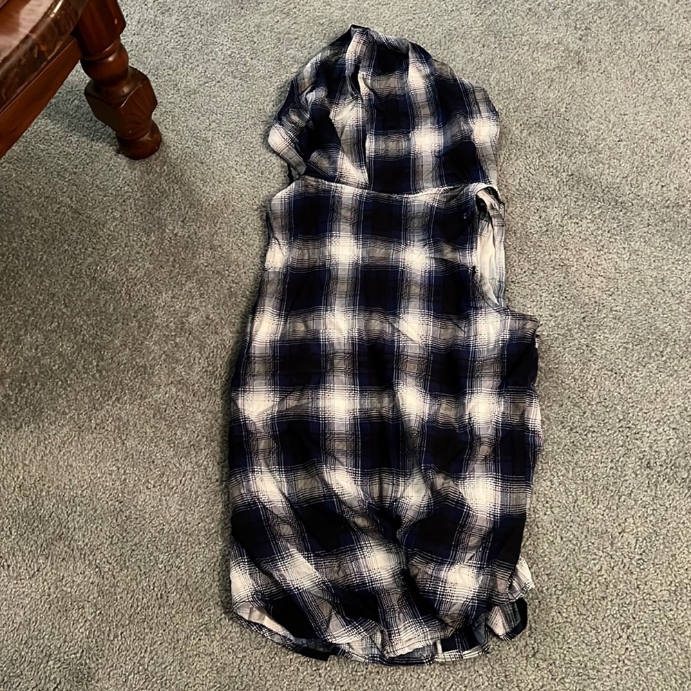 Dark blue checkered button up muscle tank with a hood